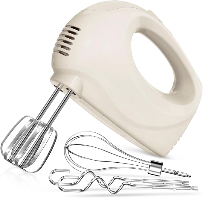 Handmixer Electric Handheld - 5 Speed Portable Kitchen Mixer Electric with 5 Stainless Steel Accessories Whisk, Food Beater for Whipping Mixing Cookies(Beige)