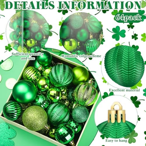 Lunmon 64 Pcs St. Patrick's Day Ball Ornaments Glitter Matt Lime Green Assorted Plastic Irish St. Patrick's Day Decoration for Xmas Tree & Party Supplies