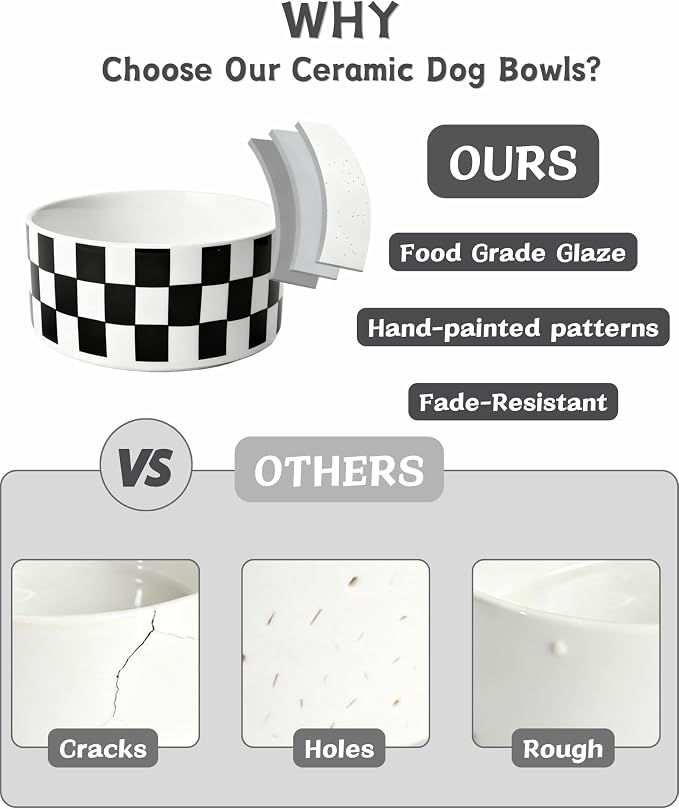 TRUVIC Ceramic Dog Bowl with Wood Stand, Black and White Checkered & Striped Dog Food and Water Bowl, 2 Cup/14 oz Elevated puppy food bowl for Medium Dogs, Dishwasher Safe, Modern Geometric, Checkered