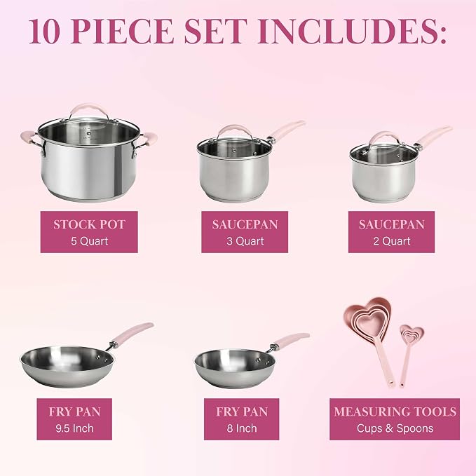 Paris Hilton Stainless Steel Pots and Pans Set with Stay-Cool Pink Handles, Tempered Glass Lids, Bonus Heart Shaped Measuring Cups and Spoons, Dishwasher Safe Cookware, 10-Piece Set