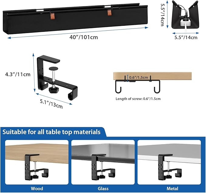 Zilink No Drill Under Desk Cable Management Tray 40" Cord Organizer for Table Clamp/Screw Mount Cable Management Under Desk Waterproof Fabric Cable Management Tray for Office, Home