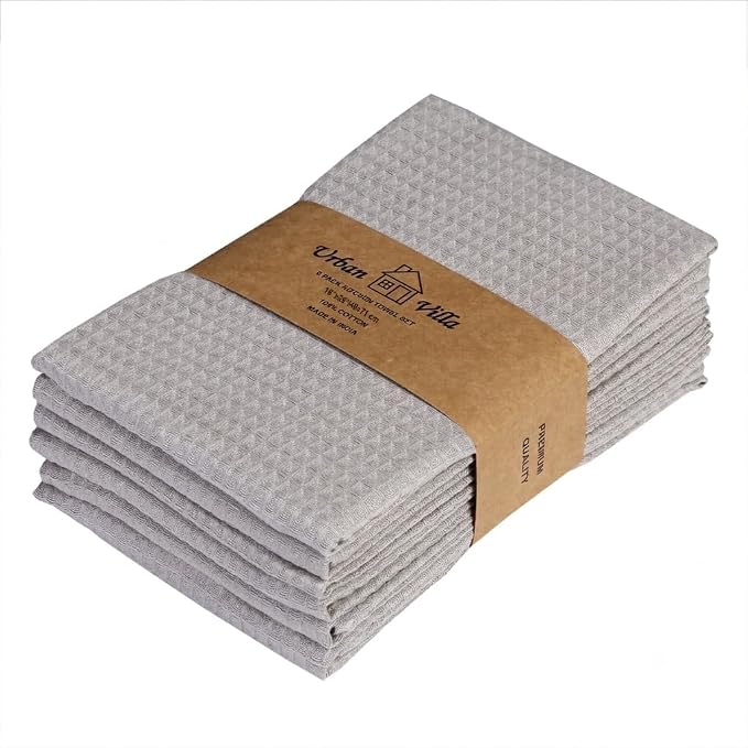 Urban Villa Kitchen Towels Waffle Dish Towels for Kitchen Smoke Color Set of 6 Over Sized 18x28 Inches Kitchen Towels Highly Absorbent 100% Cotton Mitered Corners Kitchen Hand Tea Towels Dish Cloths
