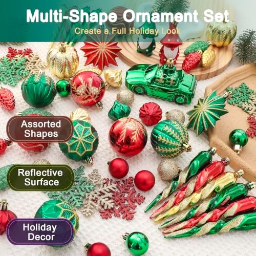 68PCS Christmas Tree Ornaments Set, Red Green Gold Christmas Balls and Assorted Decorations, Shatterproof Hanging Ornaments with Hooks for Xmas Tree, Holiday Party Home Decor