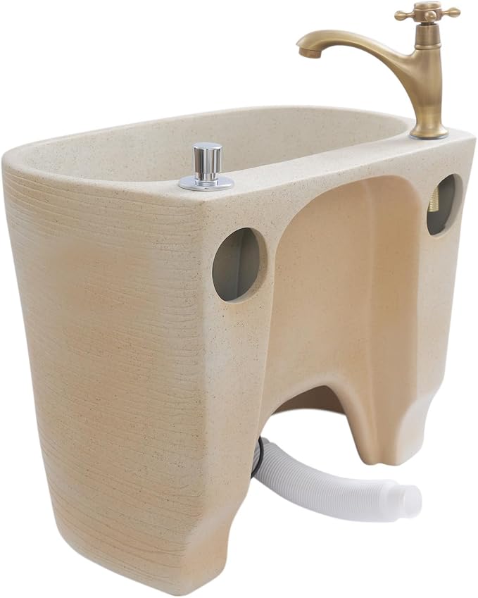 Garden Floor Mop Sink Set 16x13x16in, Ceramic Utility Mop Basin with Faucet and Button Drainage Large Capacity Mops Bucket for Garage Laundry Room Bathroom and Outdoor