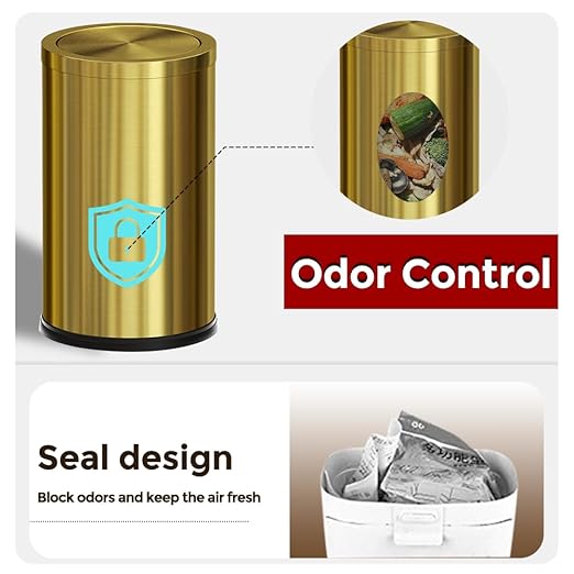9 Liter/2.4 Gallon, Gold Trash can with Swing lid, Brass Small Trash can, Gold Trash Bin with Lid for Office, Living Room,Bathroom，Restaurant Bathroom