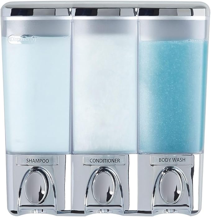 Better Living Clear Choice Wall Mount Shower Dispenser, 3 x 14.2, Chrome | 3 Chamber Dispenser, Corner or Flat Wall Installation, No Drill Adhesive, Waterproof Dispenser Pump