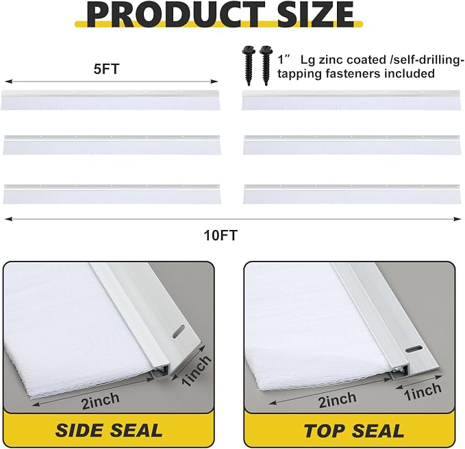 DoubleFill 10 x 10 ft Garage Door Brush Seal Kit, 3 Inch Roll up Door Seal with Aluminum Track, Heavy Duty Nylon Brush for Commercial Doors, Warehouse Barn, Energy Saving, Pest Proof, White