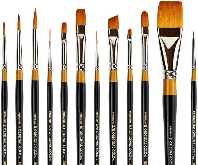 KINGART Premium Original Gold Series Handcrafted Golden Taklon Multimedia Artist Brushes, Set of 12, Black Glosss Handle, for Oil, Acrylic, Watercolor & Gouache Paints