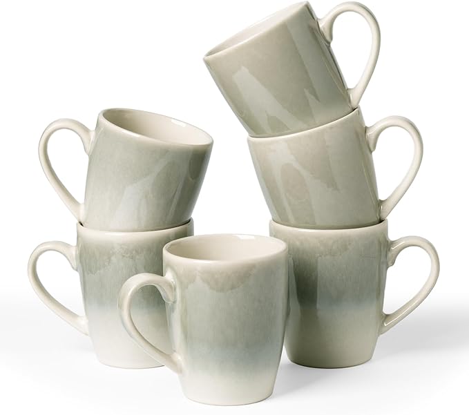 famiware Coffee Mugs Set, 13oz Mug Set of 6, Stoneware Cups for Latte, Hot Tea, Mocha, Cocoa, Cappuccino, Microwave and Dishwasher Safe, Glacier Series, Sage Green