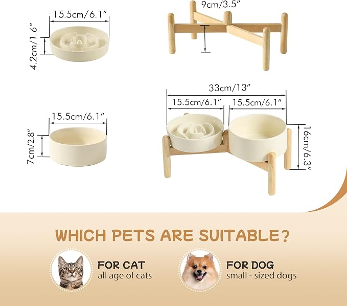 Havniva Elevated Slow Feeder Dog Bowls, Ceramic Dog Bowl Slow Feeder Set | 0.9 Cups Raised Slow Feeder Dog Bowl for Small Breed, 6.1” Dog Water Bowl with Wooden Stand, Puzzle Dog Food Bowl, Non-slip