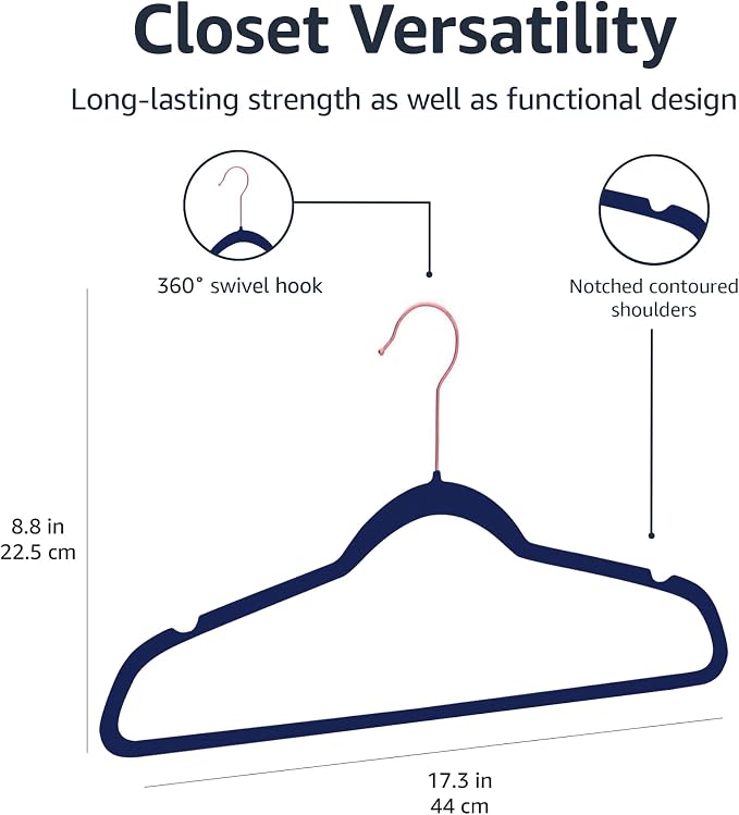 Amazon Basics Slim Velvet Non-Slip Space Saving Suit Clothes Hangers, Sturdy Construction, Navy Blue/Rose Gold, 50-Pack