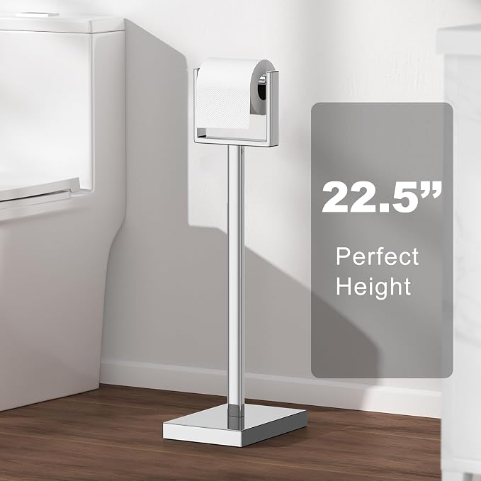 Silver Toilet Paper Holder Stand，Stainless Steel Toilet Paper Holder Free Standing，Stable Weighted Base Floor Tissue Roll Holder for Bathroom，Modern Pivoting Toilet Paper Stand