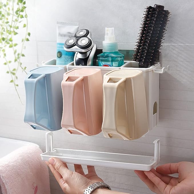 Toothbrush Rack Wall-Mounted Toothbrush Holder Bathroom Toothbrush Holder with Three Sinks with Cups for Toothpaste and Makeup Bathroom Toothbrush Holder
