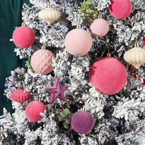 Hollowfly 95 PCS Velvet Christmas Tree Decor Set, Pink, Beige