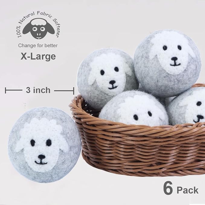 Budieggs Wool Dryer Balls Organic XL 6-Pack | 100% New Zealand Wool, Chemical-Free Natural Fabric Softener | Baby Safe, Hypoallergenic, Reduces Static & Drying Time | Lasts 1000+ Loads