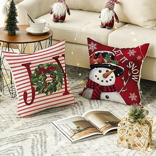 AVOIN colorlife Merry Christmas Let It Snow Joy Stripes Gift Box Red Throw Pillow Covers, 20 x 20 Inch Xmas Tree Holiday Cushion Case Decoration for Sofa Couch Set of 4