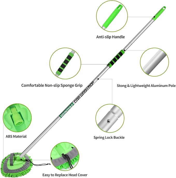 62'' Car Wash Brush with Long Handle Chenille Microfiber Car Wash Mop Mitt Kit Scratch-Free Car Cleaning Brush Care Kits with Replacement Head Supplies for Cars RV Truck Boat