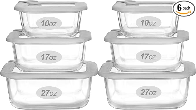 Glass Food Containers with Glass Lid, Microwave Safe Food Storage Container Set, 6 Pack Square Shape, Large Size Airtight Storage Set with Leak Proof Lids, Meal Prep Containers