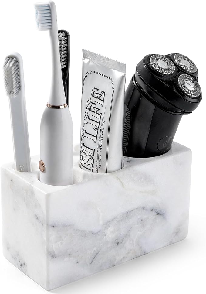 BCS Toothbrush Holder for Bathrooms, 6 Slots Open-Bottom Marble Toothbrush Organizer, Makeup Brush Stand Toothbrush Storage Collection for Bathroom Countertop Vanity Organization - Grigio Fantasy