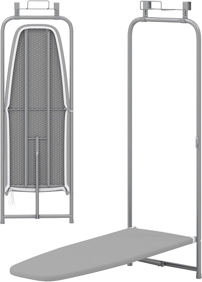 Over Door Ironing Board, Foldable Hanging Ironing Board with Built-in Iron Holder & 3-Tier Cotton Cover, Compact Ironing Station for Laundry Room, Apartment, Dorm, Home