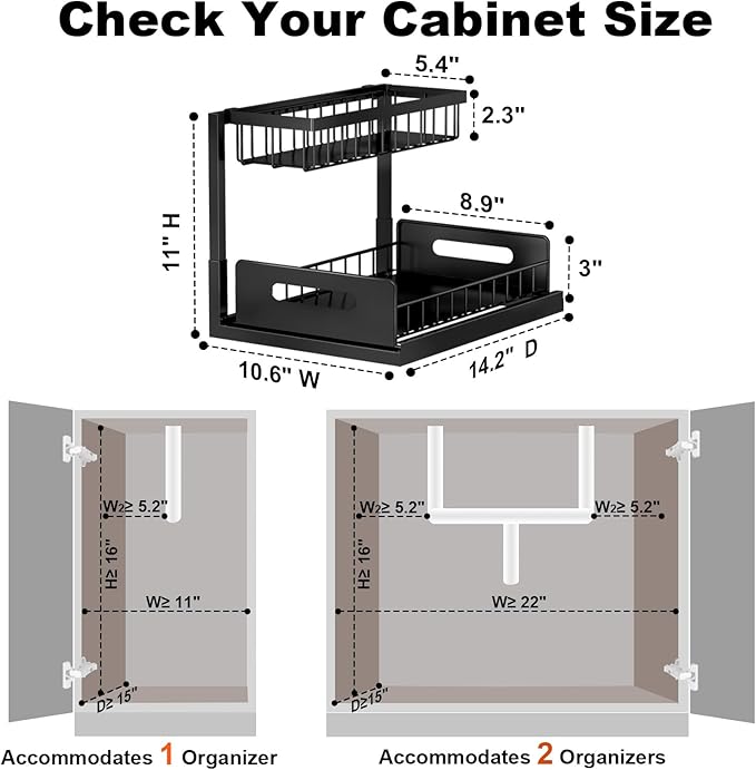 REALINN Under Sink Organizer, Pull Out Cabinet Organizer, 2 Tier Metal Slide Out Shelf with L Shaped Design for Kitchen, Bathroom, Laundry, and Utility Cabinet Storage for Deep Cabinets, Black, 1 Pack