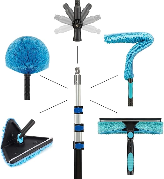 30ft Painted Wall Mop, 24ft Extension Pole, 3-in-1 Cleaning Kit | Heavy Duty, High Ceiling Cleaning Tool, 4 Microfiber Chenille Pad, Cobweb Duster, Fan, Baseboard, Window Squeegee Kit