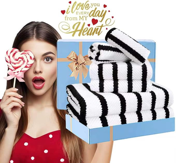 VOOVA & MOVAS 6PC Towel Set, 100% Cotton, Black White | 2 Large Bath Towels 30x56 In, 2 Hand Towels 18x28 In, 2 Washcloths 13x13 In, Quick Dry, Thick, Soft, College Dorm Towels