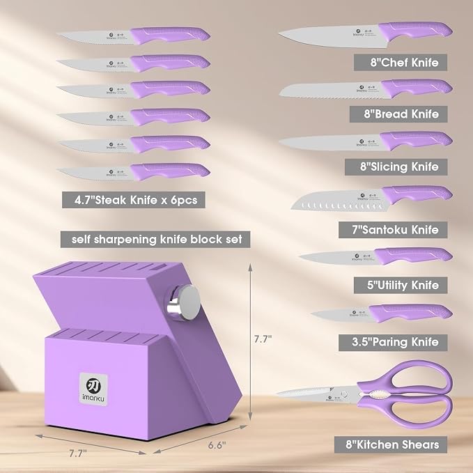 imarku® Kitchen Knife Set, Sharp Knives Set with Built-in Sharpener, Stainless Steel Block Knife Set and Non-Slip Ergonomic Handle, Dishwasher Safe, 14 PCS Professional Knife Set for Gift, Lavender