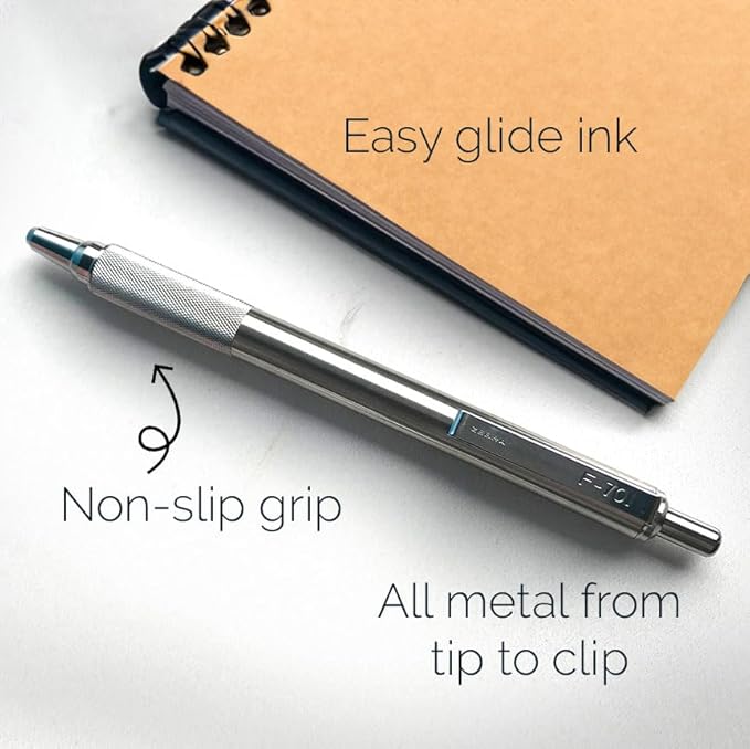 Zebra Pen F-701 Ballpoint Black Ink Fine Point 0.8mm Pen, Heavy Duty, Durable Stainless Steel Barrel, Knurled Grip, Silent Retractable Plunger, Ideal for Tactical Use, 4-Pack Plus 2 Refills (50113)