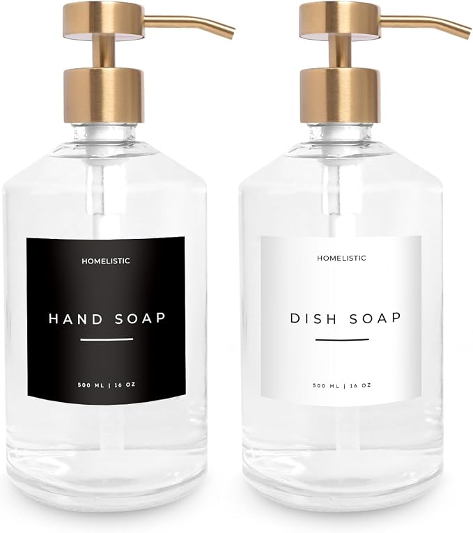 Homelistic Clear Glass Soap Dispenser Set with Champagne Gold Pump – 16oz Refillable Kitchen & Bathroom Soap Dispensers (2 Pack) Rust-Resistant Stainless Steel Pumps, 48 Labels