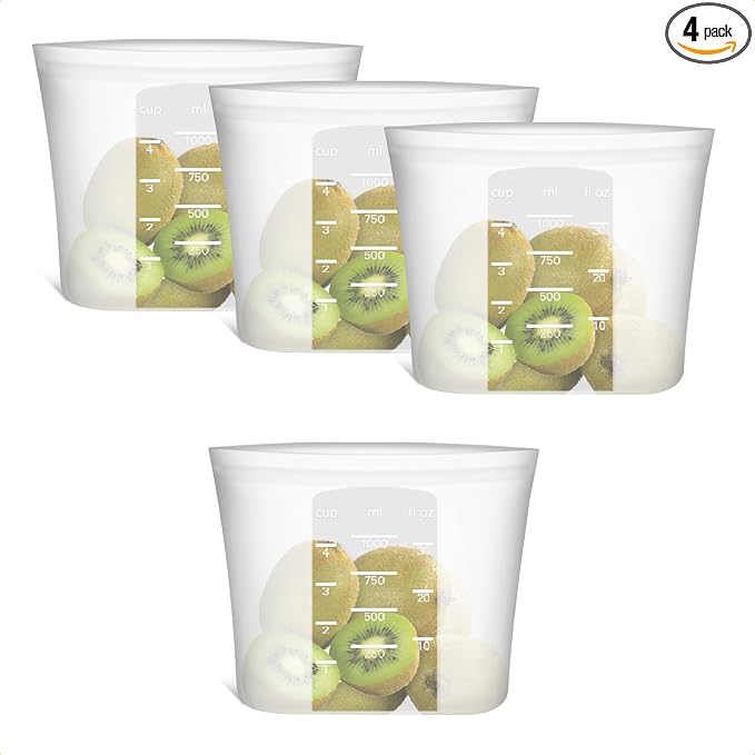 Reusable Silicone Food Storage Bags Quart 4 Pack, Stand Up Ziplock Reusable Freezer Sandwich Bag Containers for Food Travel, Freezer Microwave Oven Dishwasher Safe, Translucent, 33.8fl.oz