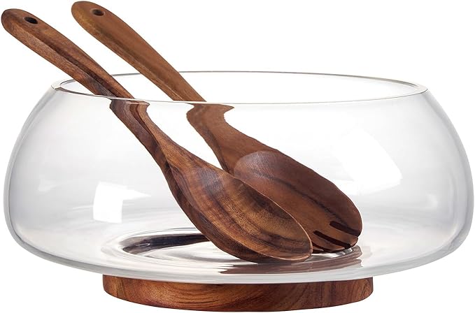 Large Glass Salad Bowl Set - 4.5 Quart Mixing Bowl With Acacia Wood Base And Serving Utensils, 5/32 Inch Extra Thick Wall, Decorative Fruit Bowl - Kitchen Must-Have