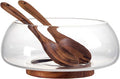 Large Glass Salad Bowl Set - 4.5 Quart Mixing Bowl With Acacia Wood Base And Serving Utensils, 5/32 Inch Extra Thick Wall, Decorative Fruit Bowl - Kitchen Must-Have
