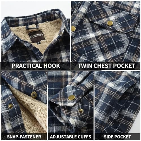 Men's Sherpa Cotton Flannel Shirt Jacket Plaid Button Coat Pocket