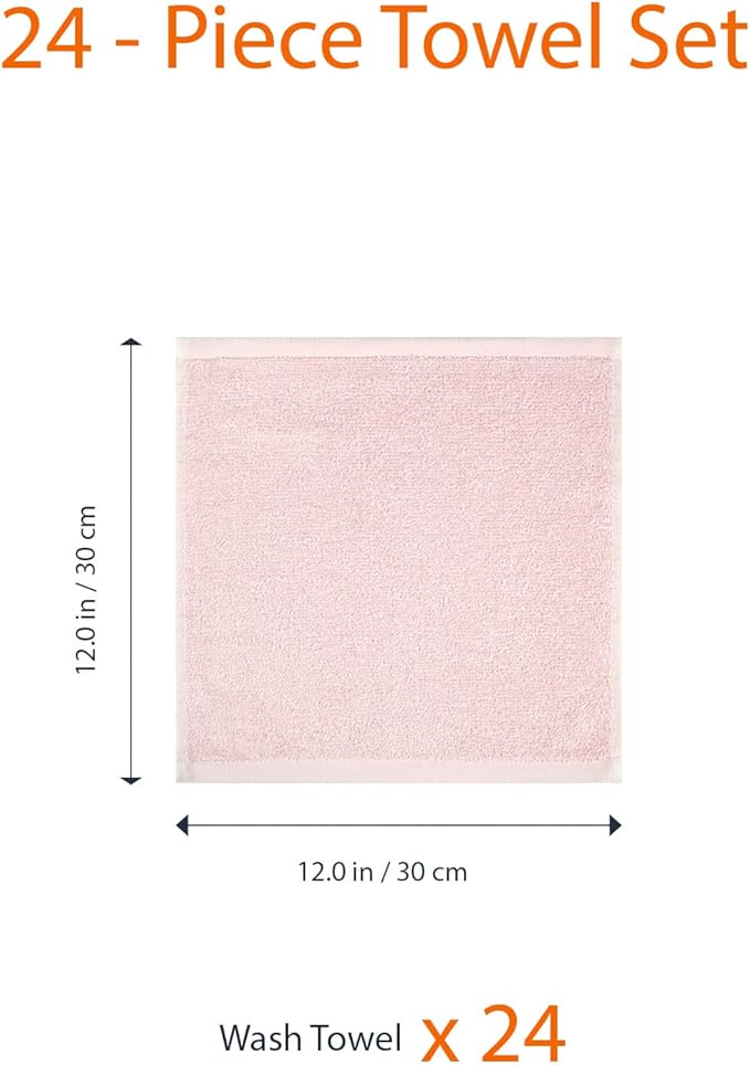 Amazon Basics Highly Absorbent, Fast Drying 100% Cotton Washcloths for Bathroom and Face, 12 x 12 inches, Petal Pink, 24-Pack