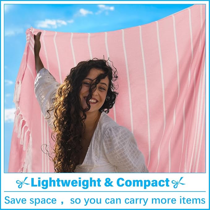 Vikumond Turkish Beach Towel Blanket Oversized 85x75 Inch Quick Dry Pink | Lightweight Compact Portable Sand Free Absorbent Boho Woven Throw for Pool Swimming Picnic Camping Cruise Outdoor Essentials