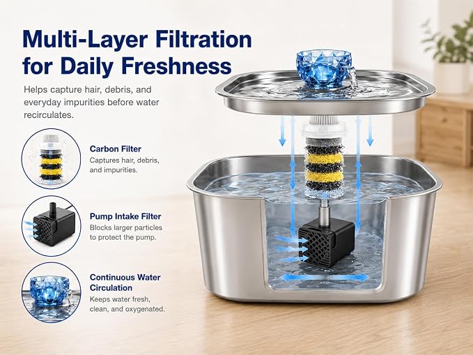 PETNF 3-Gallon Stainless Steel Dog Water Fountain for Large Dogs, Dog Water Bowl Dispenser with 2 Filters, Visible Water Window, Quiet Pump & LED Low-Water Indicator
