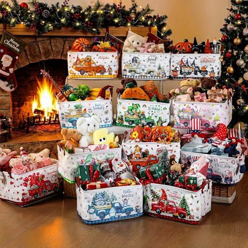 CHENGU 12 Pack Large Holiday Gifts Baskets Empty Collapsible Seasonal Storage Bin St Patricks Day Easter Canvas Laundry Basket Foldable Box with Handle for Home Office Bedroom Clothes Toys