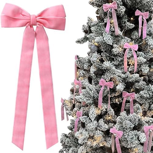 12Pcs Pink Velvet Bows Christmas Tree Decorations,5in x 10in Xams Ornaments