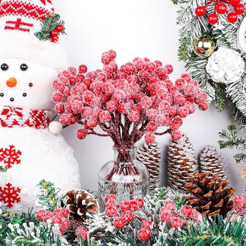 Fangoo 20 Pack 7 Inch Sprays Snow Red Berry Picks for Christmas Tree