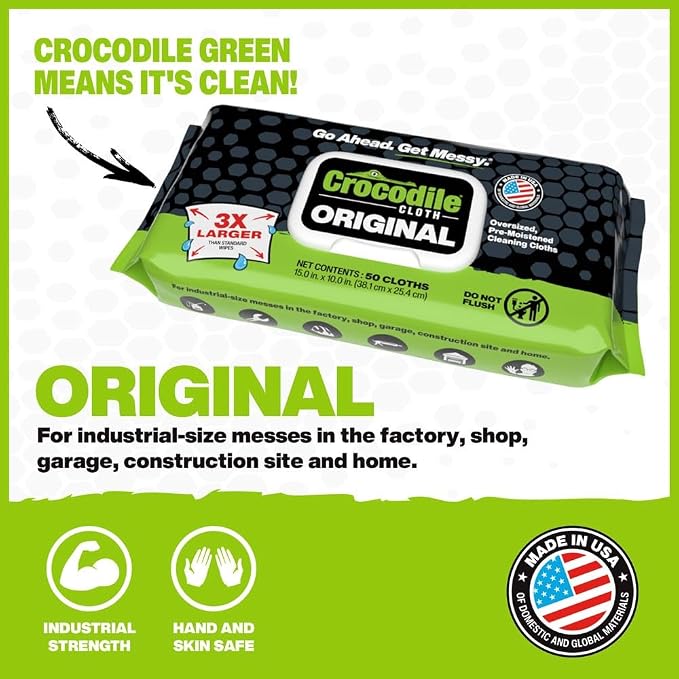 Crocodile Cloth Original Cleaning Wipes, Heavy-Duty Multi-Surface Hand & Tool Wipes, Water-Based, Safe on Skin, 50 Count, 15 x 10 Inch