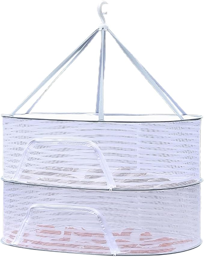 Foldable Drying Net for Vegetables, Fish, and Dehydrated Goods, Multi-tiered Food Drying Net, Versatile Drying Rack, Windproof Design, Zipper Closure for Insect Protection (White, Dual Layer)