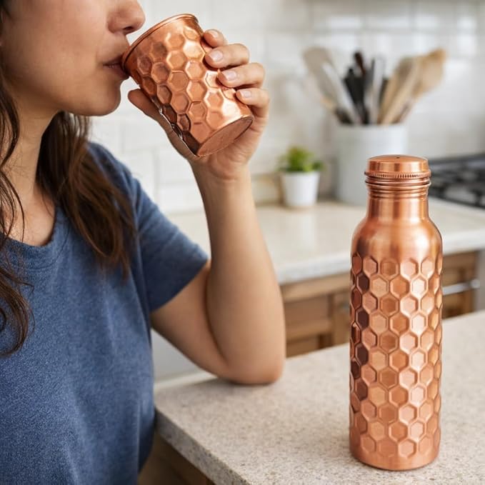 100% Pure Copper Water Bottle for Drinking, 32 Oz Large Diamond Ayurvedic Copper Bottle with Cleaning Brush, Leak-Proof Water Vessel_Diamond with Glass