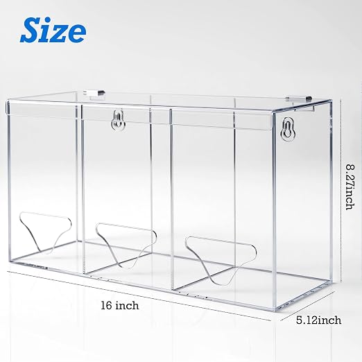 Hairnet Dispenser and Glove Holder Wall Mount - 3 Compartments Acrylic Hygiene Dispenser Station with Lid for Shoe Covers, Safety Glasses, Earplugs, Beard Nets, Dishwasher Pods, Clear