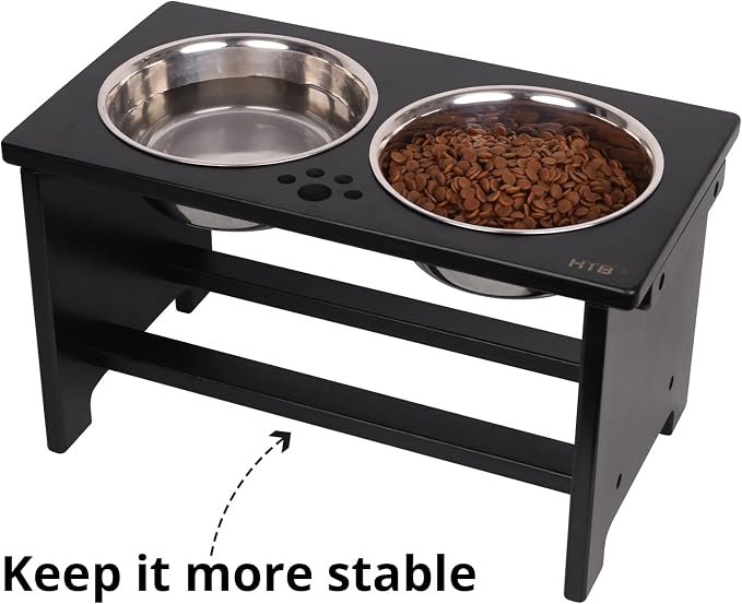 HTB Elevated Dog Bowl Stand with 2 Stainless Steel Bowls-10 H Large Black | Raised Dog Bowl Stand, 10"tall, 48 Oz Bowls, for Large Sized Dogs, Pet-safe, Solid Bamboo