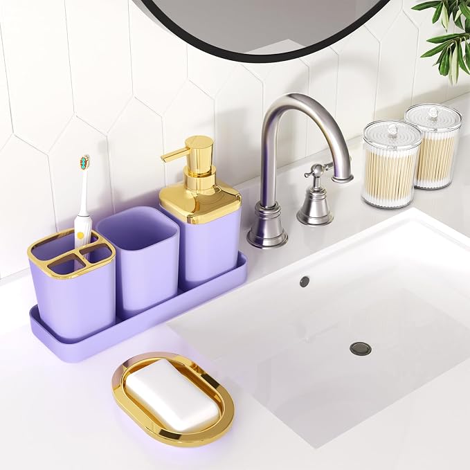 XLHOMO Bathroom Accessories Set - Luxury Purple Bathroom Set, 9 Pieces Bathroom Accessory Set, Purple Bathroom Accessories with Trash Can, Toilet Brush & Soap Dispenser
