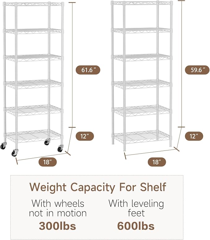 Golpart Small 6 Tier Shelves Storage Wire Shelving Unit Metal Shelf Adjustable Organizers Storage Shelving with Wheels for Bathroom Laundry Room Kitchen Pantry11.7”D x 17.7”W”W x 61.6”H White