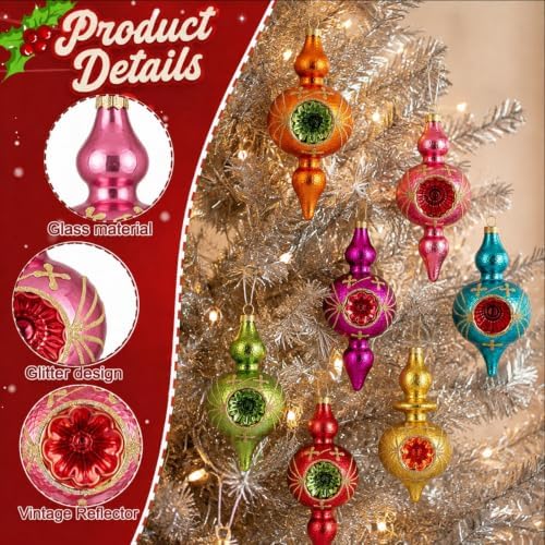 Soulchen 8 Pcs Vintage Glass Christmas Ornament with Reflector for Tree