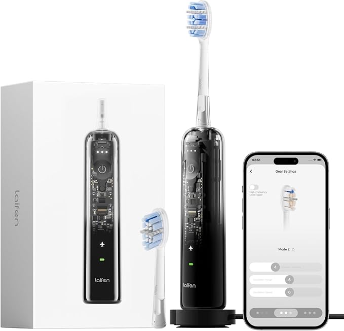Laifen Wave Pro Sonic Electric Toothbrush for Adults – 2026 Model, 60° Oscillations for Ultra-Clean, Smart App, 70-Day Battery, 2 Brush Heads (Transparent Black)