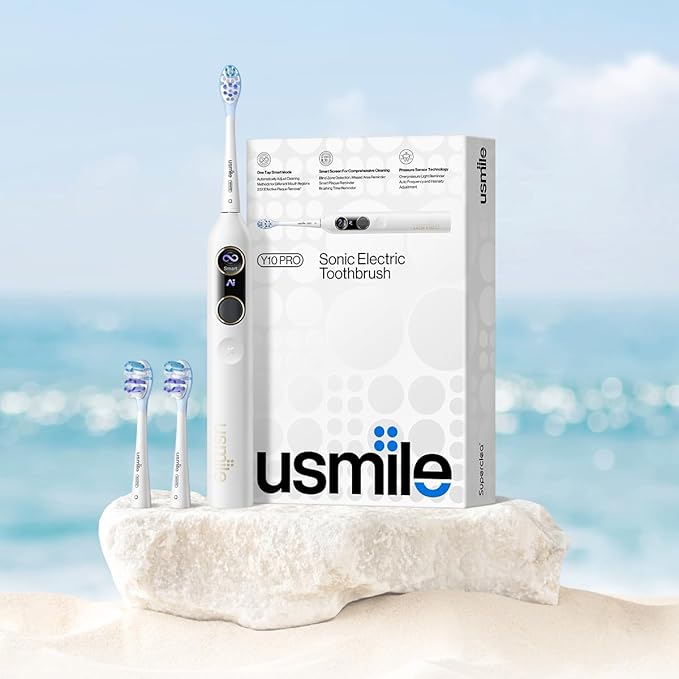 usmile Y10 PRO Rechargeable Electric Toothbrush with Smart Display, Missed Spot Detection, Pressure Sensor, 180-Day Battery Life, IPX8 Waterproof, Travel-Friendly with 2 Brush Heads